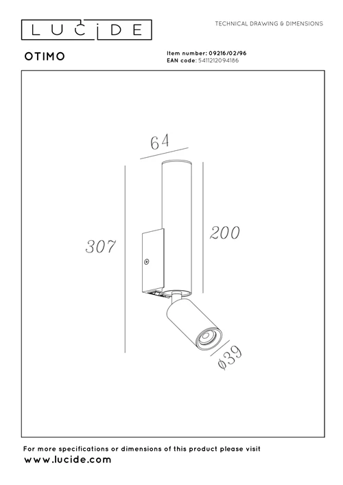 Lucide OTIMO - Wandspot / Wandlamp - 2xGU10 - Koffie | Essential - technisch